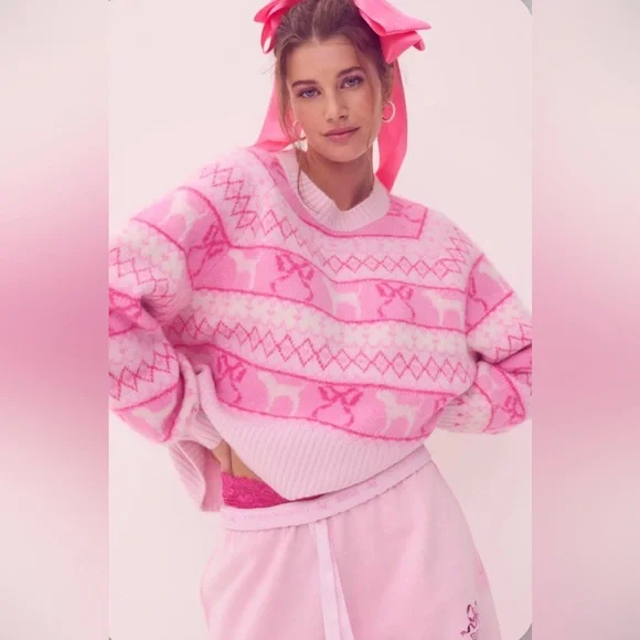 PINK X LoveShackFancy c Pink Fair isle Crew Boxy Full Sleeve Sweater- S - Picture 3 of 7